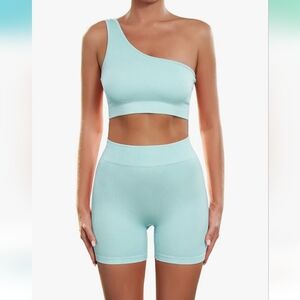 Light Blue One-Shoulder Top and Shorts Set